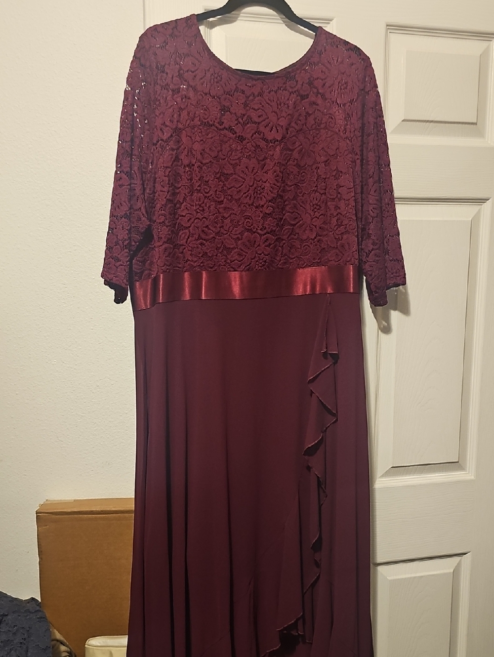 Miusol Burgundy Lace & Satin Trim Long Sleeve Evening Dress